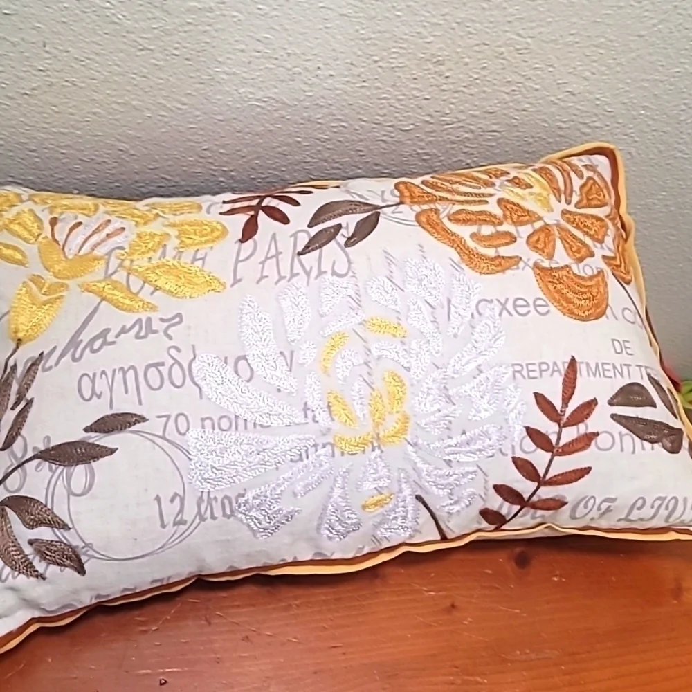 Pier 1 Floral Embroidered Lumbar‎ Pillow Paris Script Yellow Gold 18x12 Accent